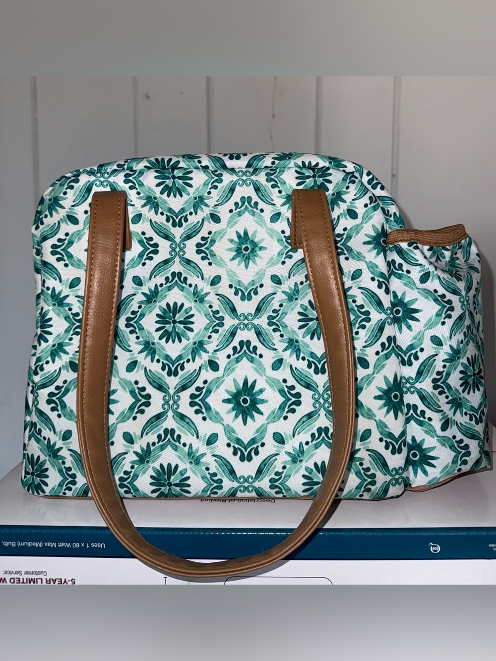 Patterned Teal lunch Tote Bag with Brown Handles